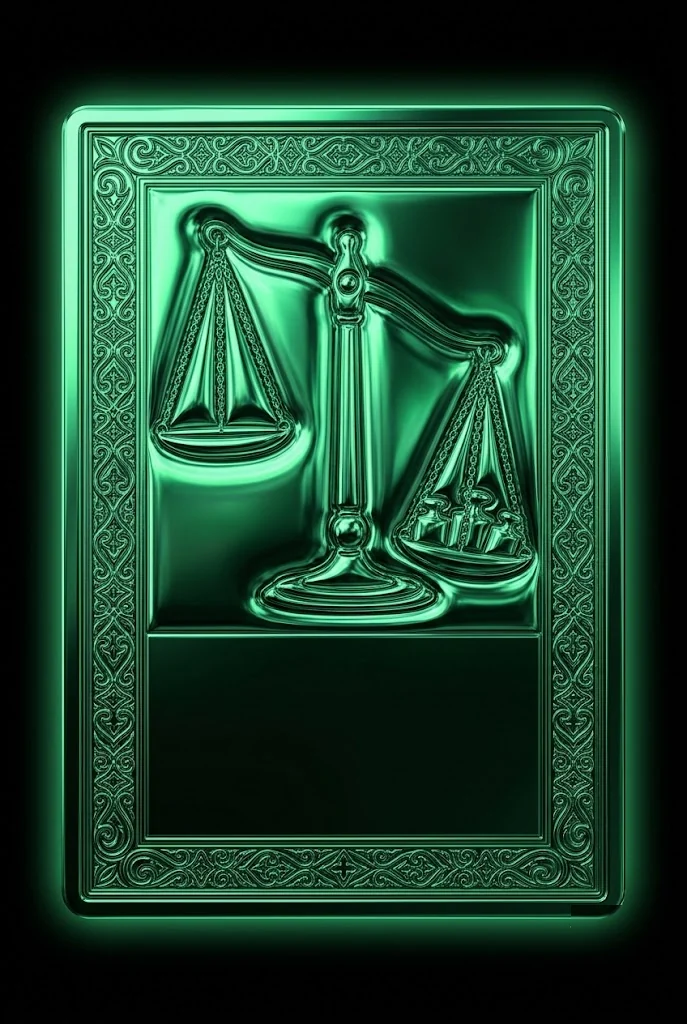 The engraved Garel Decision card, chrome balance scale