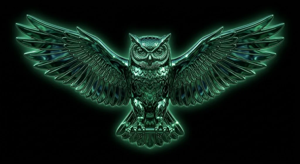 The owl with wings spread, metal on black