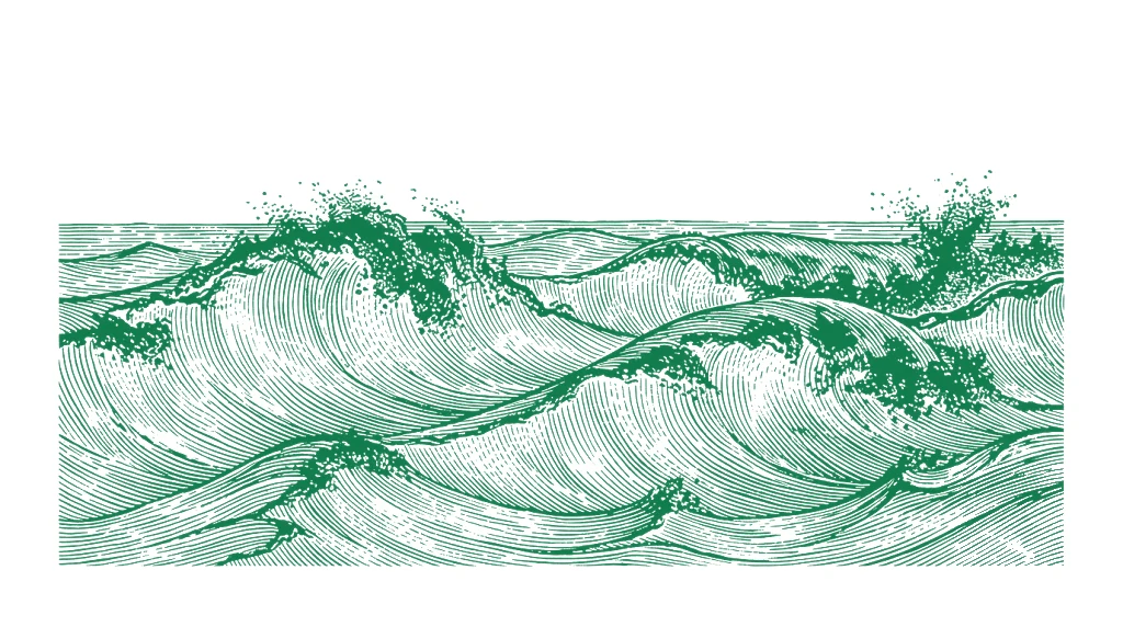 Heavy ocean swell, white line engraving on emerald