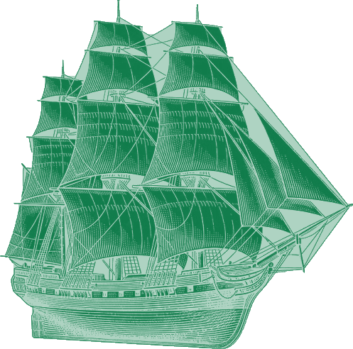 A three-masted merchant ship rocking on the swell