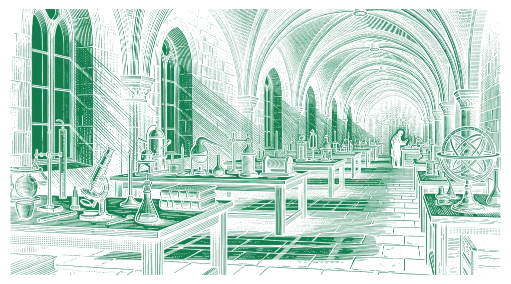 The interior of the laboratory, vaulted hall with instruments, white line engraving