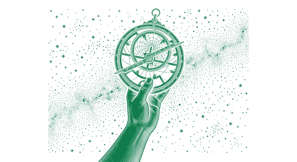 An astrolabe raised toward a night sky, white line engraving
