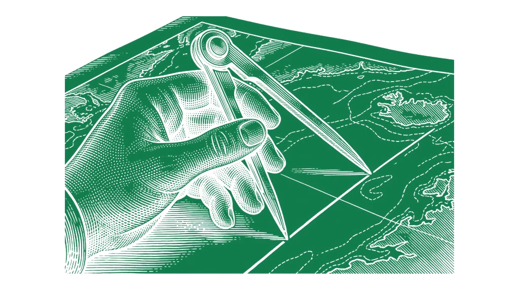 A hand plotting a course with brass dividers across a sea chart, white line engraving