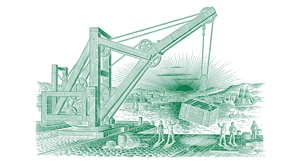 A harbor crane swinging a chest over the dock at dawn, white line engraving