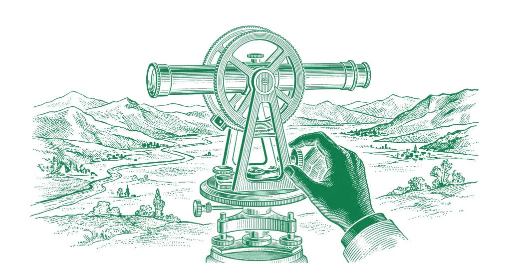 A theodolite aimed across a valley, white line engraving
