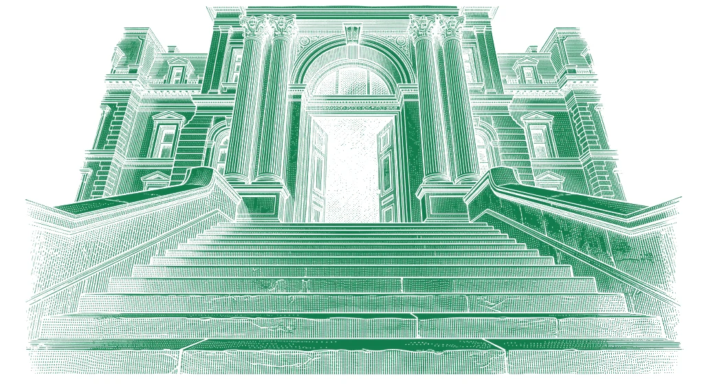 Courthouse steps seen from below, white line engraving